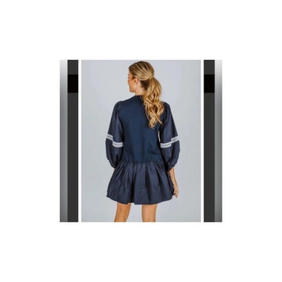 TANYA TAYLOR Kirstie Puff-Sleeve Drop-Waist Mini Dress Navy Blue Size Large NEW - Picture 4 of 4